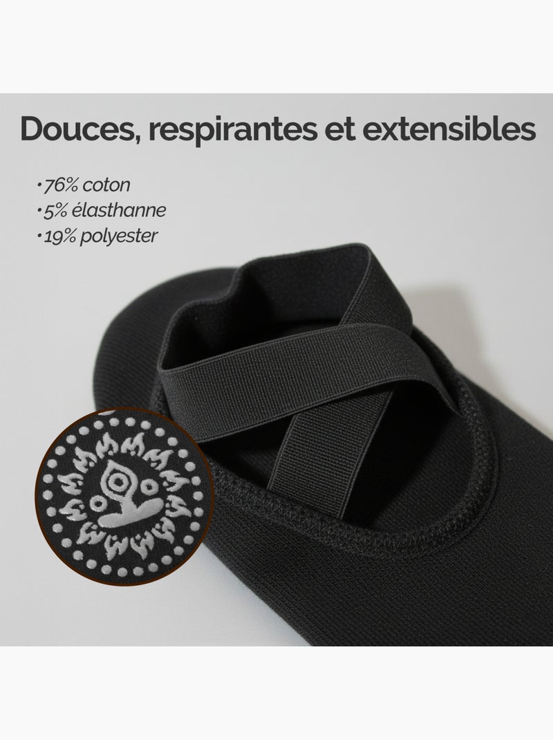 Lot de 4 paires de chaussettes élastiques et antidérapantes pour yoga, pilates - Vivezen Noir - Kiabi