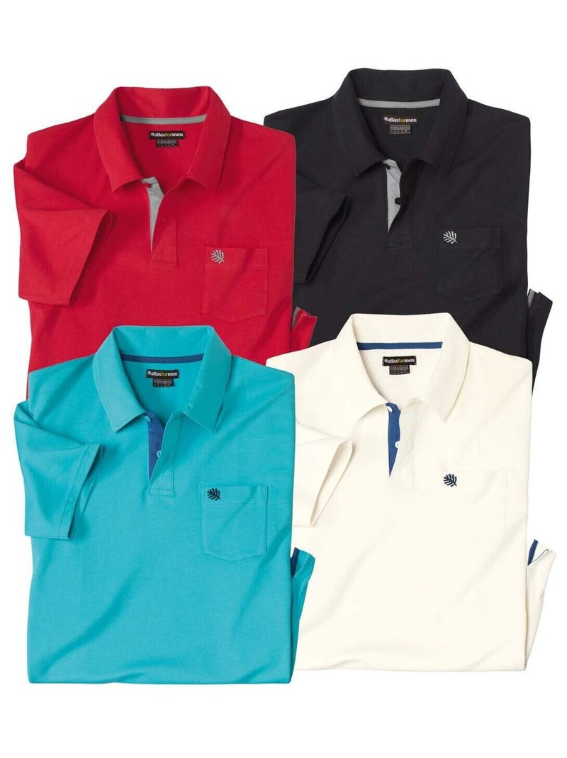 Lot de 4 Polos Pur Coton  - ATLAS FOR MEN Blanc Noir Bleu - Kiabi