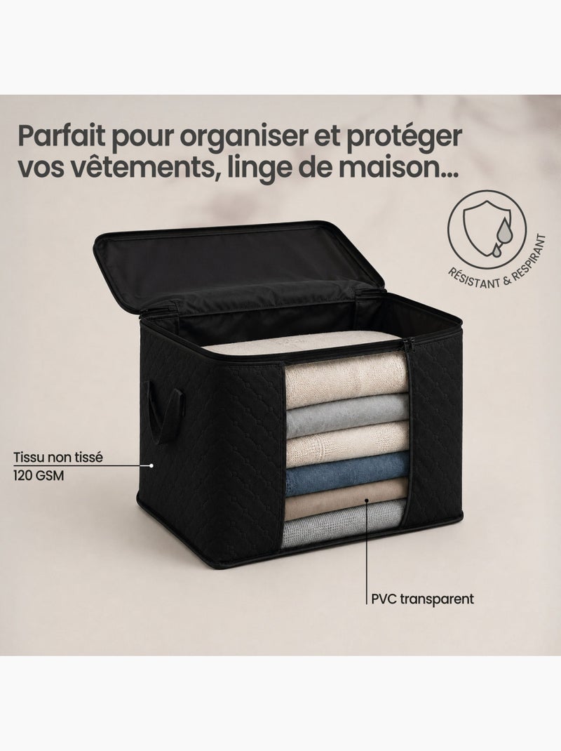 Lot de 4 sacs de rangement pliable pour vêtements, linge de maison avec poignées  - vivezen Noir - Kiabi