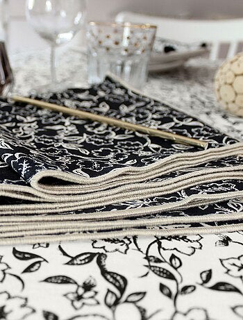 Lot de 4 serviettes de table noires avec lignes écrues LINETTE - 40 x 40 cm