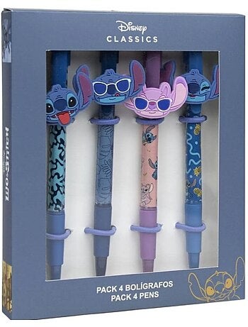 Lot de 4 stylos à bille noirs - Stitch - Disney – Coffret papeterie