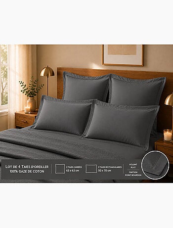 Lot de 4 taies d'oreiller 100% coton – 2 taies + 2 taies