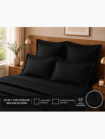 Lot de 4 taies d'oreiller 100% coton – 2 taies + 2 taies