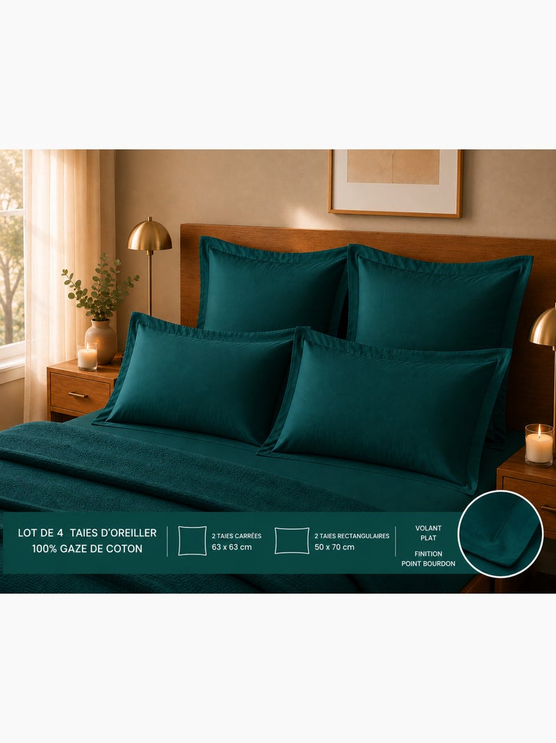 Lot de 4 Taies d'Oreiller 100% Coton 57 Fils/cm² – 2 Taies 63 x 63 cm + 2 Taies 50 x 70 cm Emeraude Vert émeraude - Kiabi