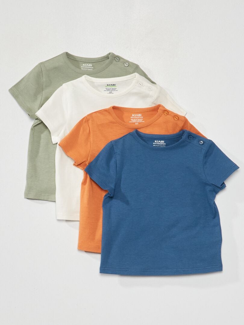 Lot de 4 tee-shirts basiques Bleu/vert/camel/blanc - Kiabi