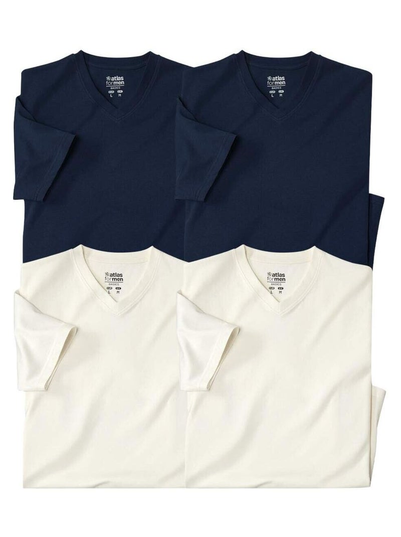 Lot de 4 Tee-Shirts Col V Unis  - ATLAS FOR MEN Bleu Ecru - Kiabi