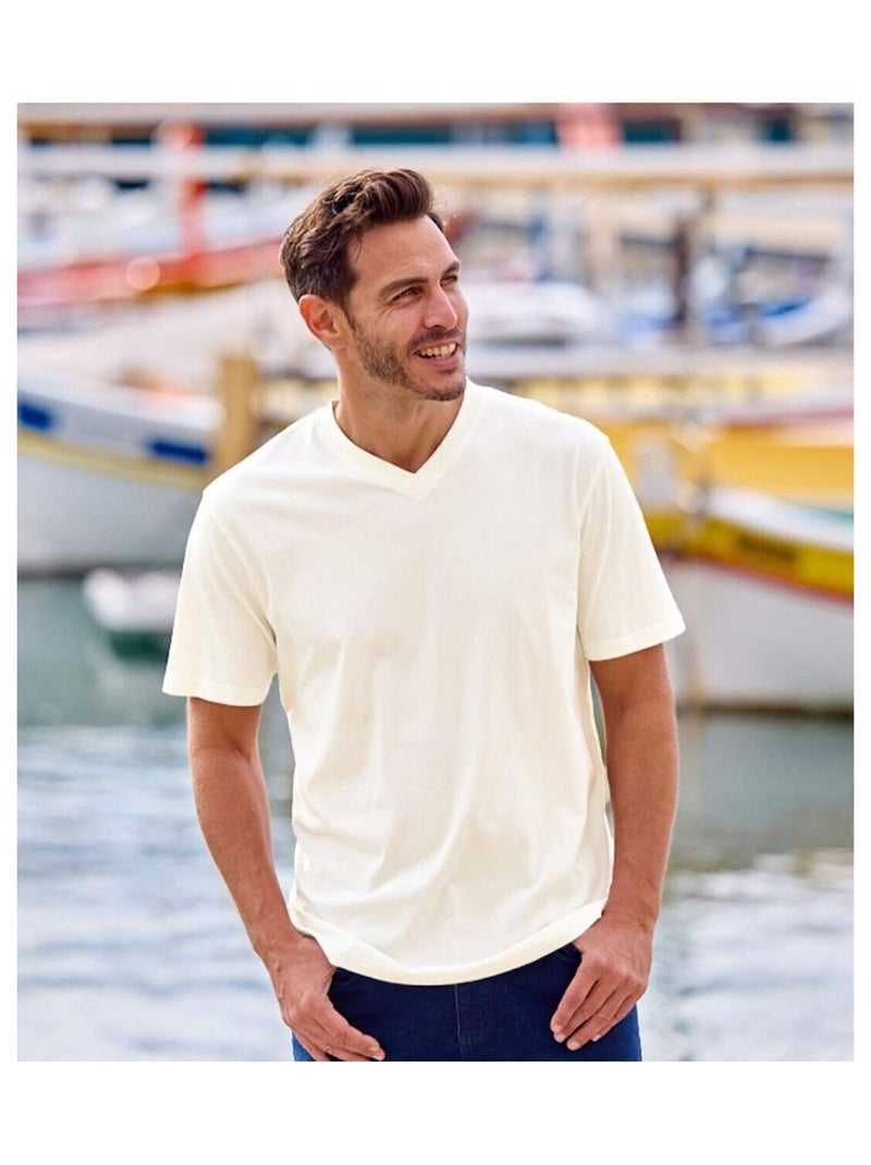 Lot de 4 Tee-Shirts Col V Unis  - ATLAS FOR MEN Bleu Ecru - Kiabi