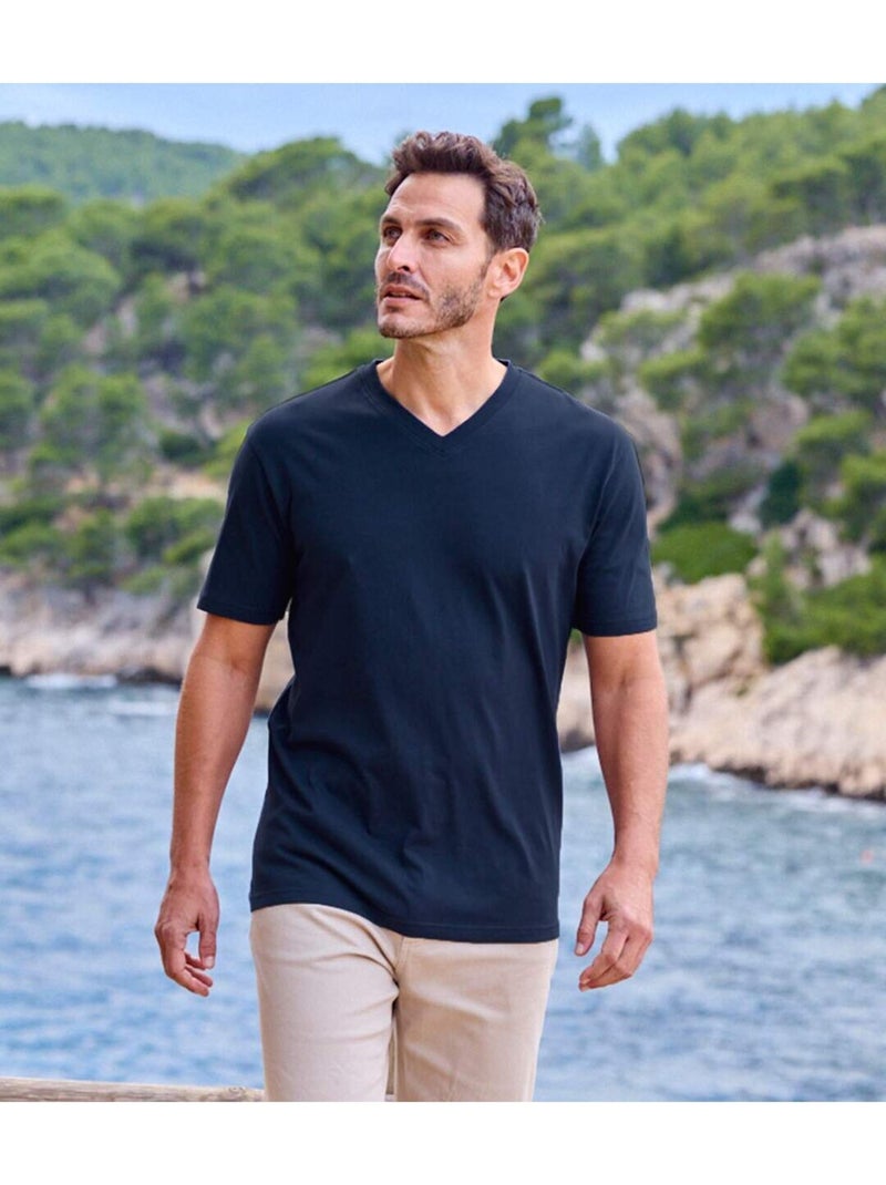 Lot de 4 Tee-Shirts Col V Unis  - ATLAS FOR MEN Bleu Ecru - Kiabi