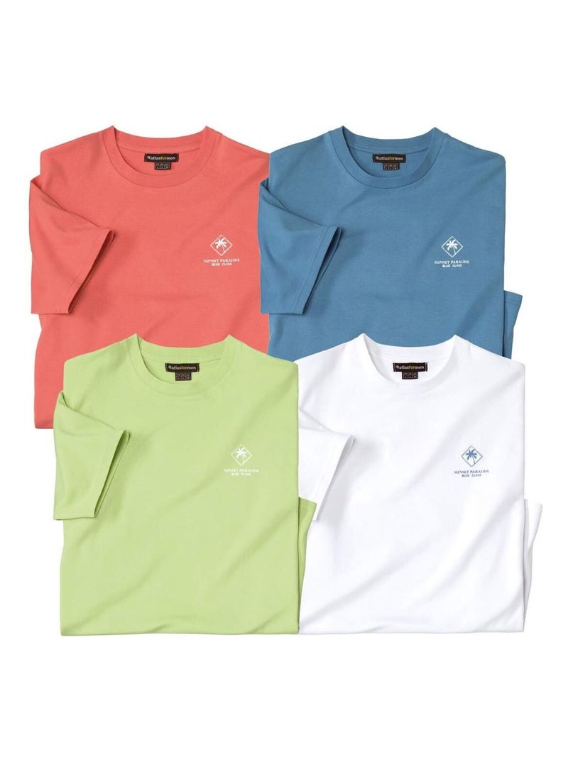 Lot de 4 Tee-Shirts Coton Unis Palm   - ATLAS FOR MEN Blanc / Bleu / Rouge - Kiabi