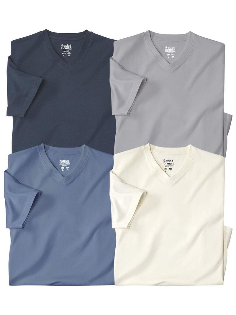 Lot de 4 Tee-Shirts MC Col V Unis   - ATLAS FOR MEN Blanc Bleu marine Gris - Kiabi