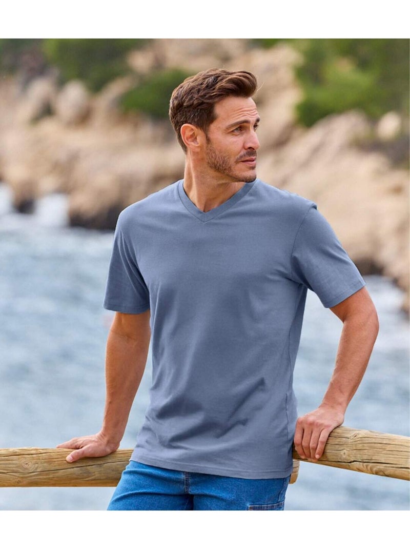 Lot de 4 Tee-Shirts MC Col V Unis   - ATLAS FOR MEN Blanc Bleu marine Gris - Kiabi