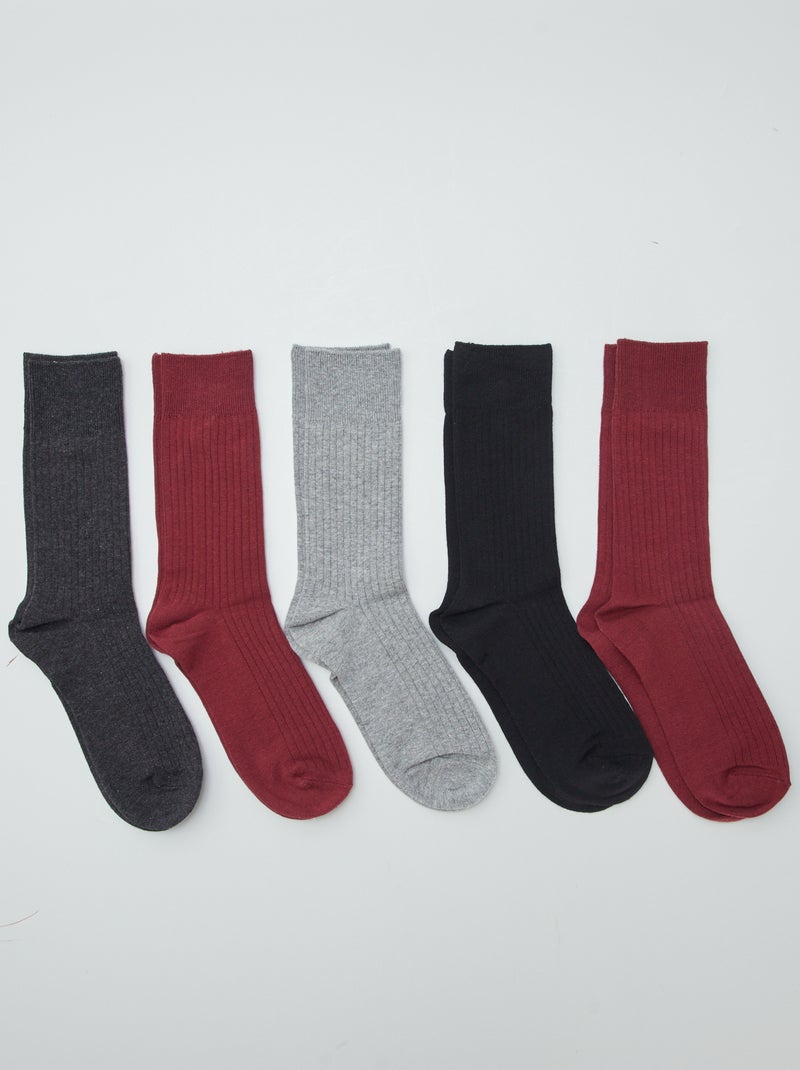 Lot de 5 chaussettes côtelées Gris/rouge - Kiabi