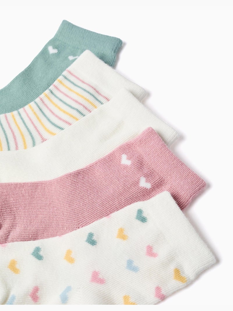 Lot de 5 paires de chaussettes à rayures/cœurs Beige/Rose/Vert d eau - Kiabi