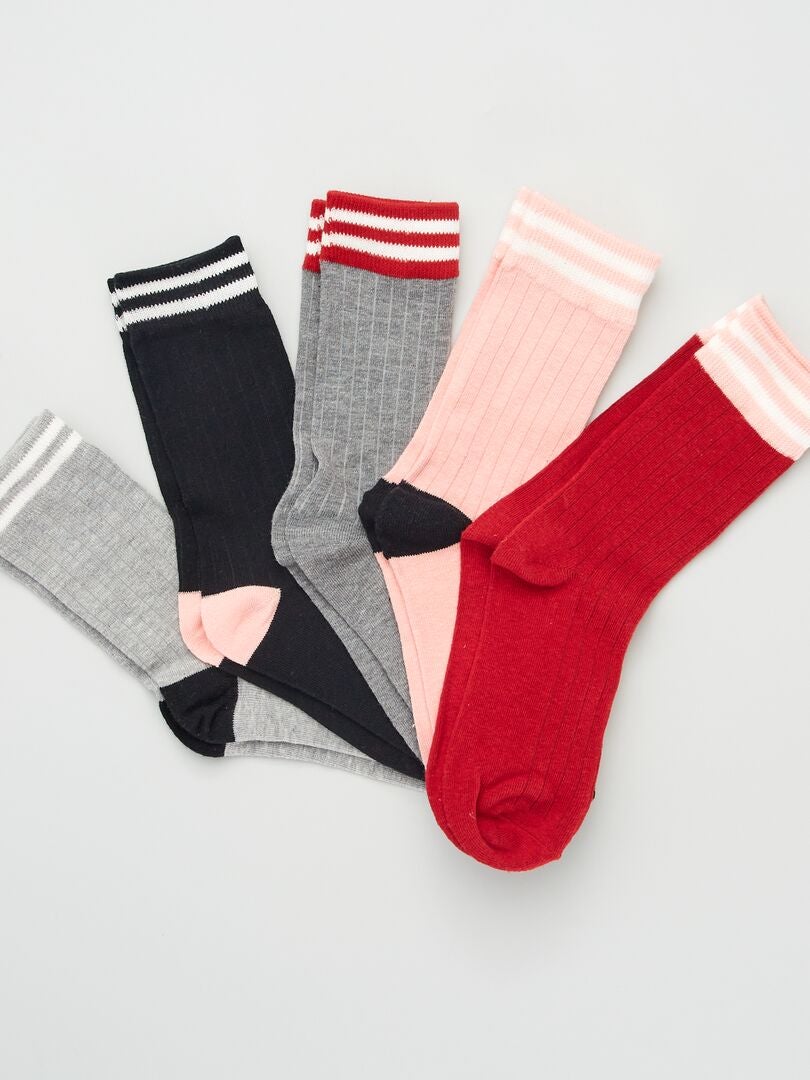 Lot de 5 paires de chaussettes avec bandes contrastantes - Rose - Kiabi -  9.00€