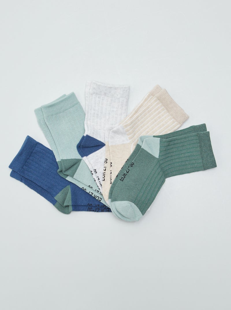 Lot de 5 paires de chaussettes côtelées Blanc/bleu/vert/beige - Kiabi