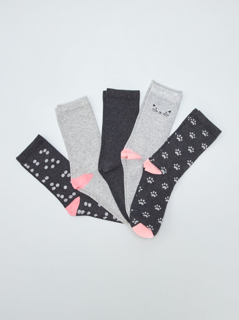 Lot de 5 paires de chaussettes fantaisies noir/gris/rose - Kiabi