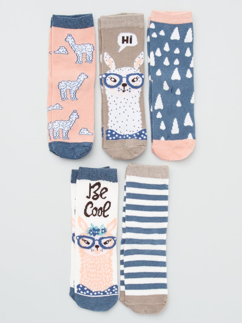 Lot de 5 paires de chaussettes 'lama' beige/bleu - Kiabi