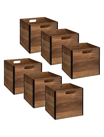 Lot de 6 boîtes de rangement effet bois et métal