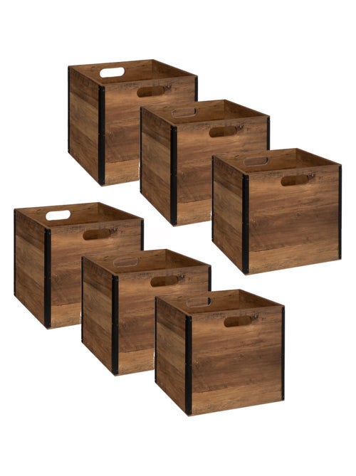 Lot de 6 boîtes de rangement effet bois et métal - Kiabi