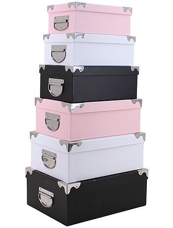 Lot de 6 boites de rangement en carton rose, blanc, noir