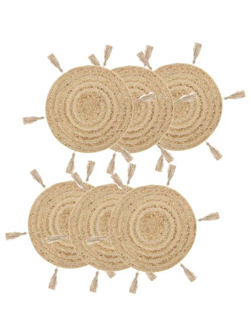 Lot de 6 sets de table en jute avec pompons - Diamètre 38 cm - Beige - Kiabi