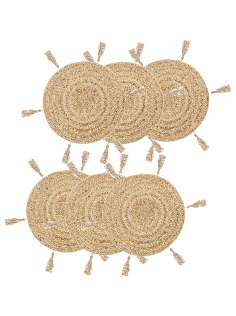 Lot de 6 sets de table en jute avec pompons - Diamètre 38 cm - Beige Beige - Kiabi
