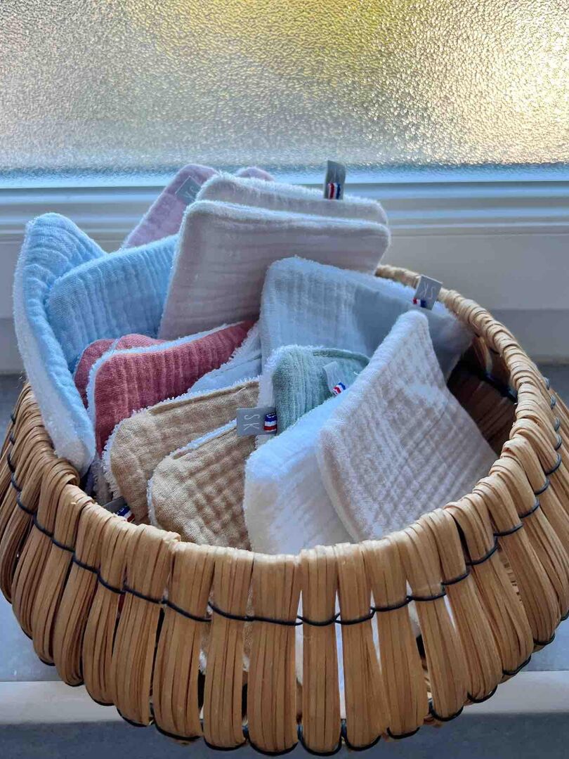 Lot De 8 Lingettes Lavables En Bambou & Coton + Panier Assorti - Rose - Fait Main En France - Neuf