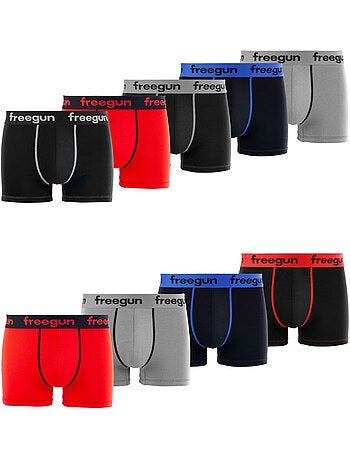 Lot de 9 boxers homme en coton uni et surpiqûres colorées freegun