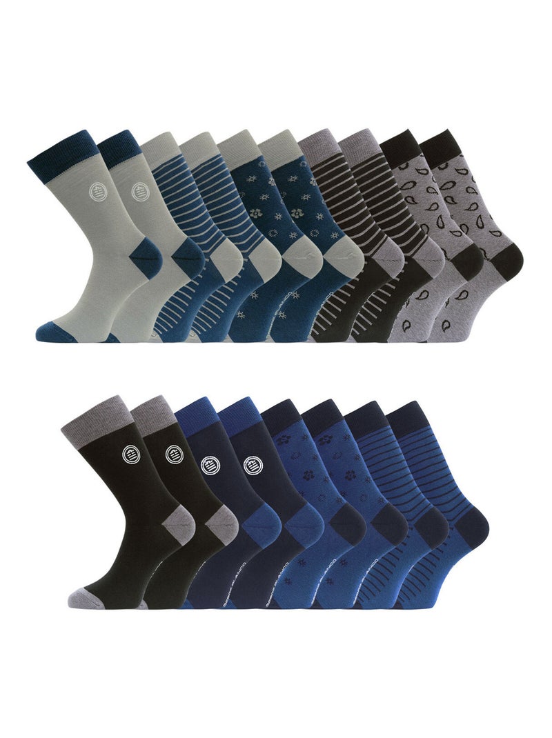 Lot de 9 paires de chaussettes de ville fantaisies en coton peigné Serge Blanco Bleu Noir - Kiabi
