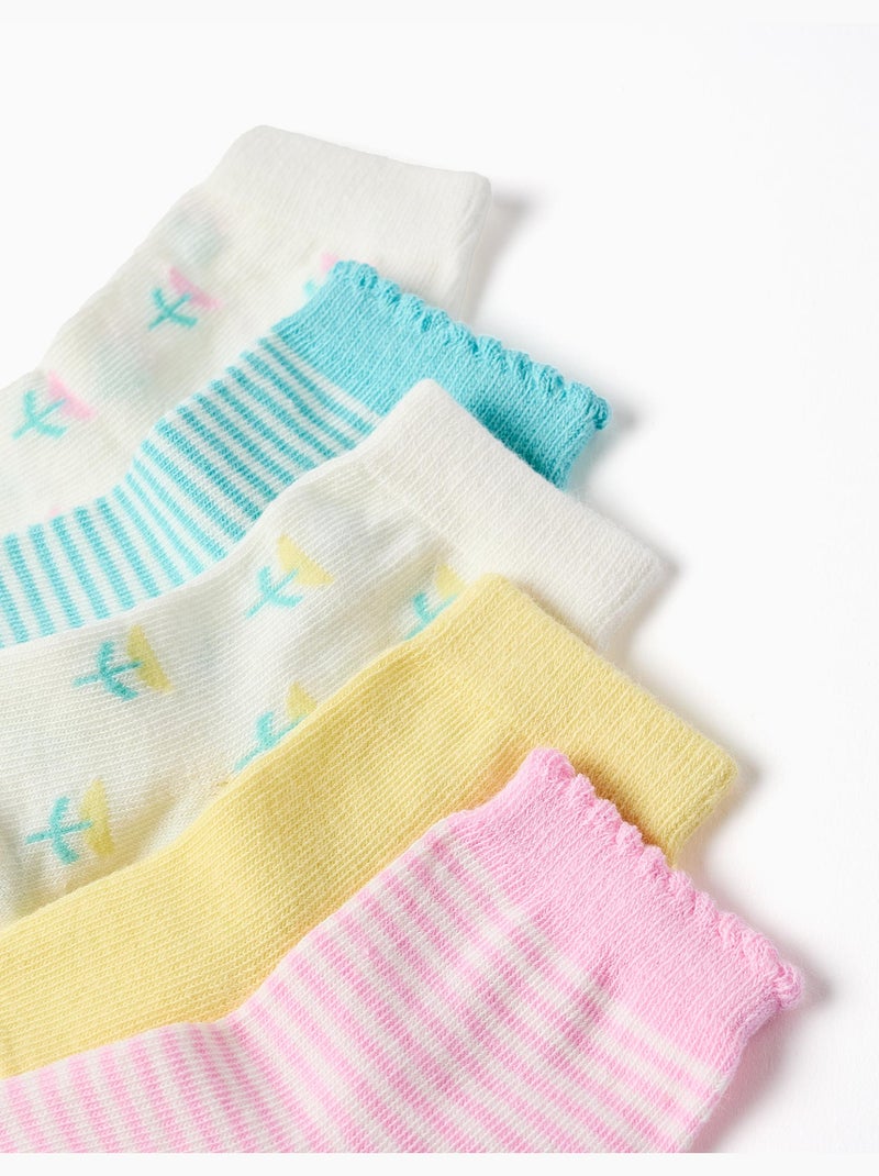 Lot de cinq chaussettes unies/rayées/brodées Blanc/Jaune/Rose - Kiabi