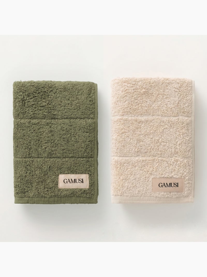 Lot de serviettes douche et toilette 100 % coton, 600 g/m², avec boucle - Gamusi Vert/Sable - Kiabi