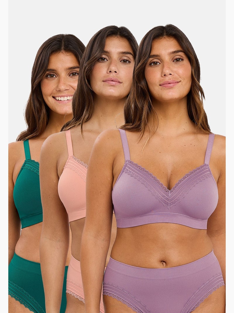 Lot de trois brassières agathe sans complexe lingerie Violet/Vert/Rose - Kiabi