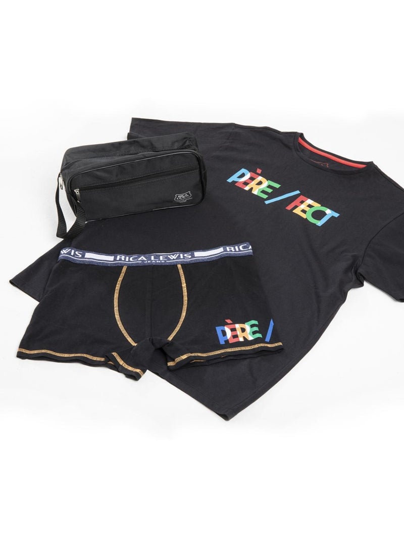 Lot t-shirt coton bio + boxer + trousse de toilette offerte  'Rica Lewis' Noir - Kiabi
