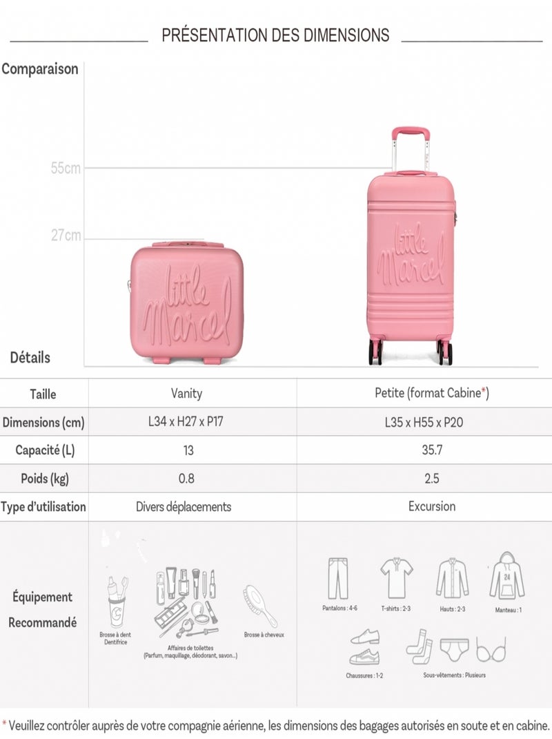 Lot valise cabine 55cm plus un vanity rigide Rose pâle - Kiabi