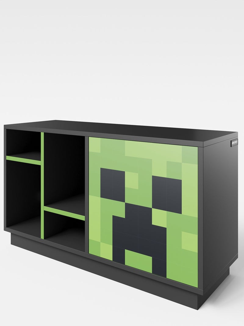 Lowboard TV avec LED et passage de câbles - 4 niches et porte 'Roba' - Minecraft Noir Vert - Kiabi