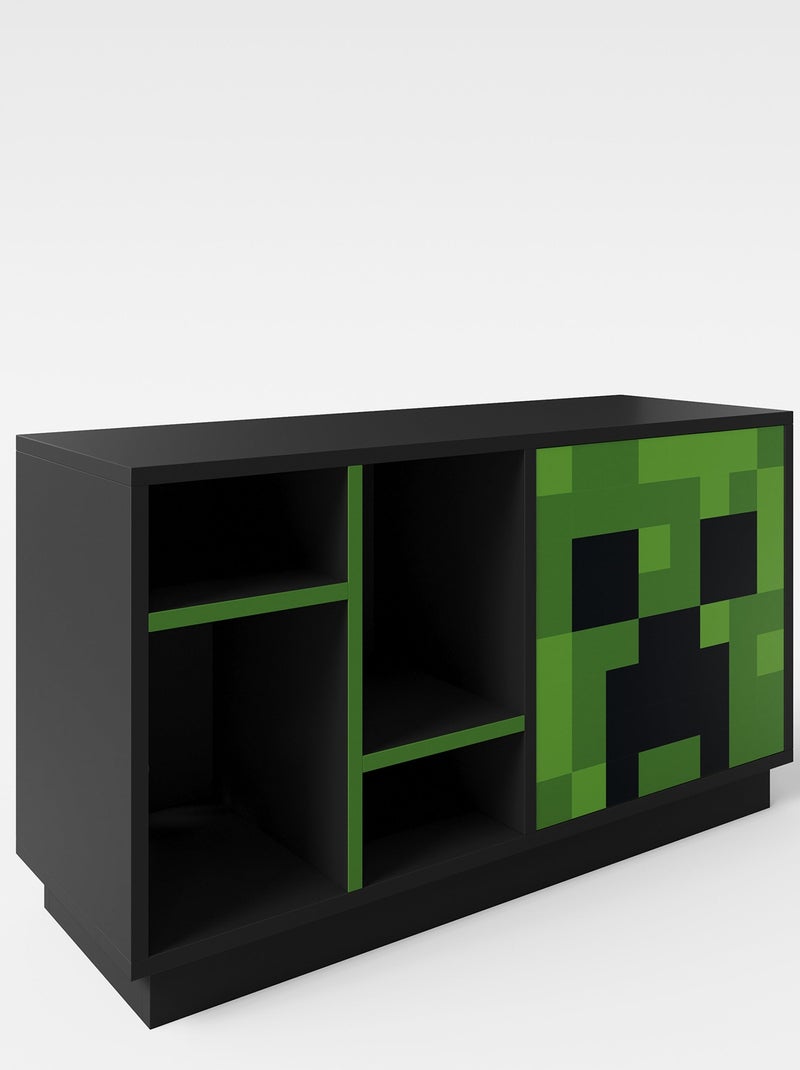 Lowboard TV avec LED et passage de câbles - 4 niches et porte 'Roba' - Minecraft Noir Vert - Kiabi