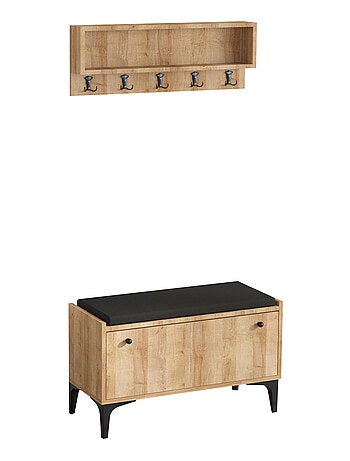 LUANA - Meuble d'entrée avec meuble à chaussures banquette et vestiaire mural en bois