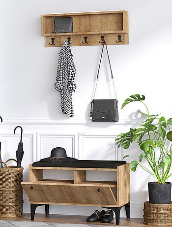 LUANA - Meuble d'entrée avec meuble à chaussures banquette et vestiaire mural en bois