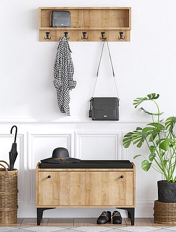LUANA Meuble d'entrée avec meuble à chaussures banquette et vestiaire mural en bois