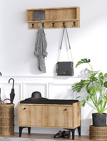 LUANA Meuble d'entrée avec meuble à chaussures banquette et vestiaire mural en bois