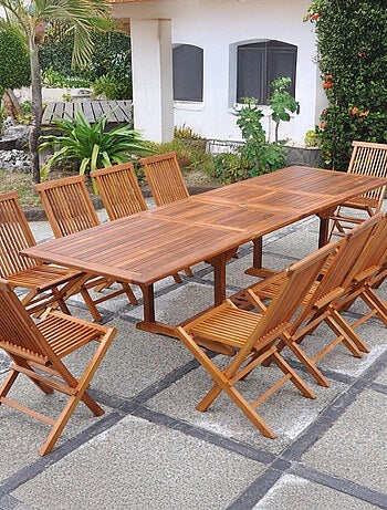 LUBOK - Salon de jardin extensible avec table rectangle 10 places en teck huilé
