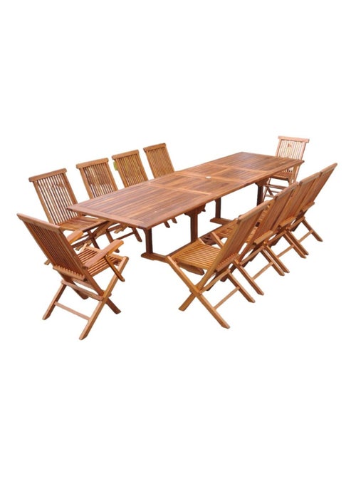 Lubok : Salon de jardin Teck huilé 10/12 personnes - Table rectangulaire + 8 chaises + 2 fauteuils - Kiabi