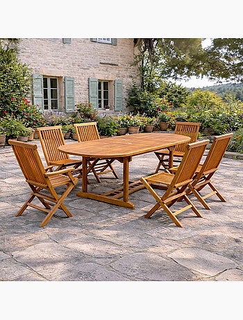 LUBOK Salon de jardin Teck huilé 6 pers - Table ovale 4 chaises 2 fauteuils