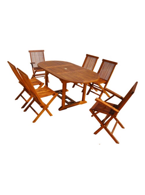 LUBOK Salon de jardin Teck huilé 6 pers - Table ovale 4 chaises 2 fauteuils - Kiabi