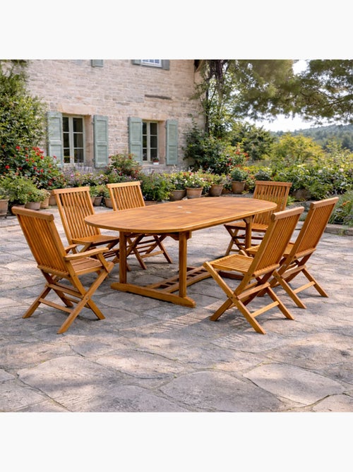 LUBOK Salon de jardin Teck huilé 6 pers - Table ovale 4 chaises 2 fauteuils - Kiabi