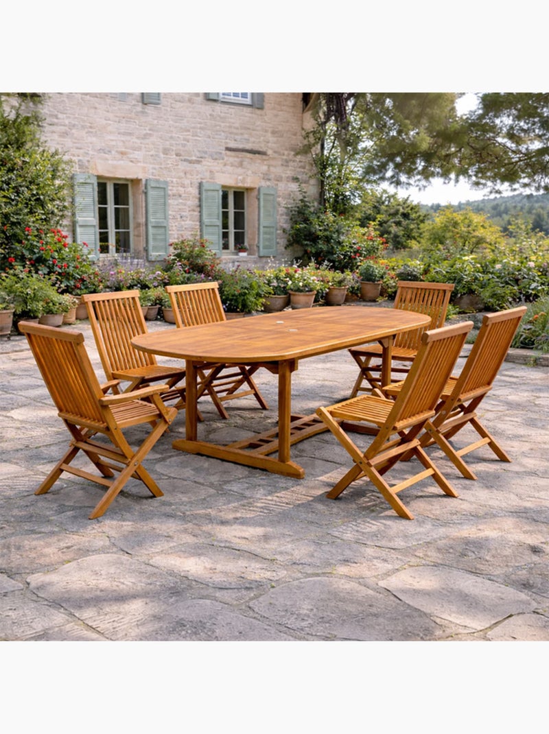 LUBOK Salon de jardin Teck huilé 6 pers - Table ovale 4 chaises 2 fauteuils Marron - Kiabi