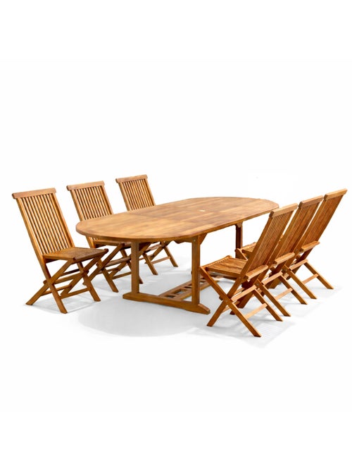 LUBOK Salon de jardin Teck huilé 6 personnes - Table ovale + 6 chaises - Kiabi