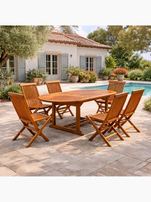 LUBOK Salon de jardin Teck huilé 6 personnes - Table ovale + 6 chaises - Kiabi