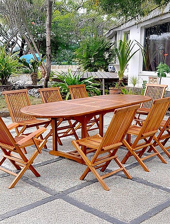 Lubok : Salon de jardin Teck huilé 8 personnes - Table ovale + 6 chaises + 2 fauteuils