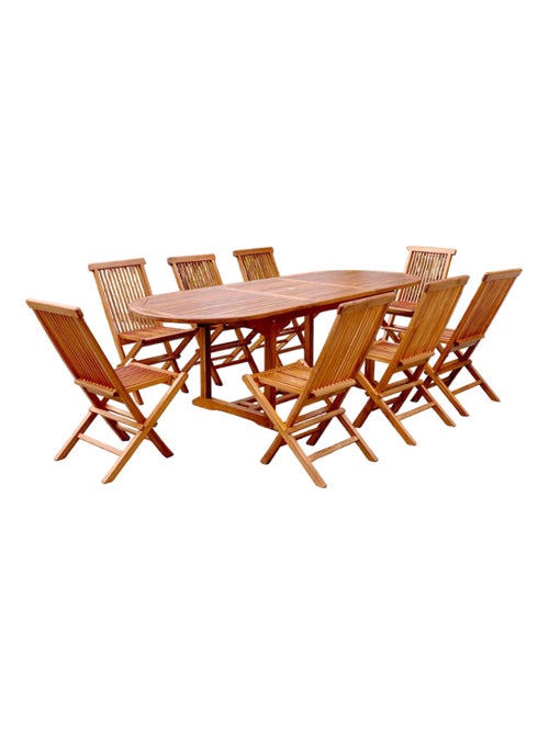 LUBOK Salon de jardin Teck huilé 8 personnes - Table ovale + 8 chaises - Kiabi